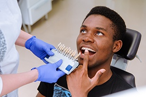 man preparing to pay cost of cosmetic dentistry in Bedford